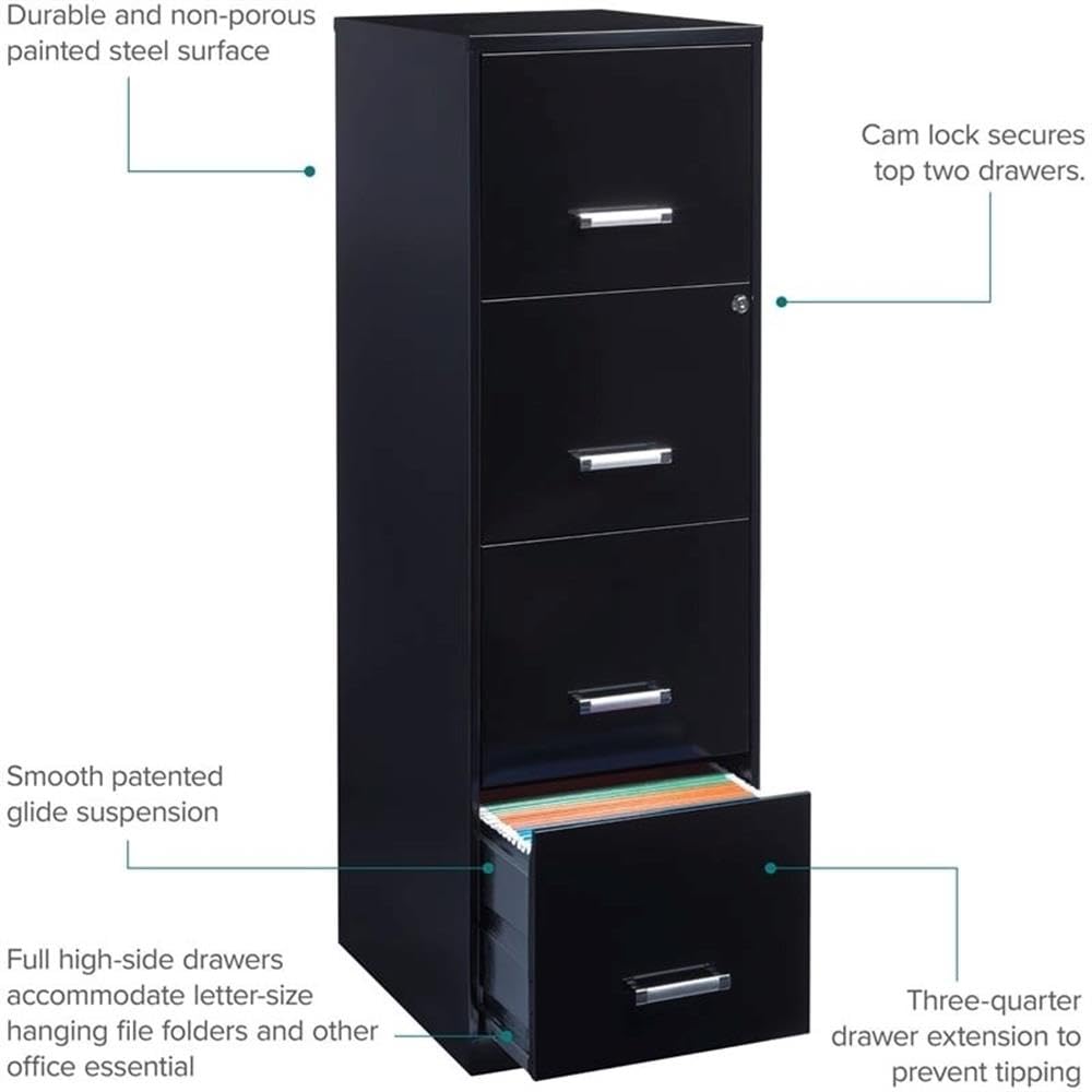 18" Deep 4 Drawer Black Metal Filing Cabinet F385