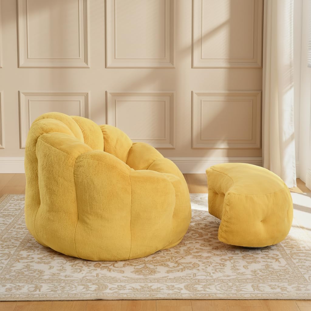 Yellow Faux Fur Bean Bag Chair with Ottoman Y69550