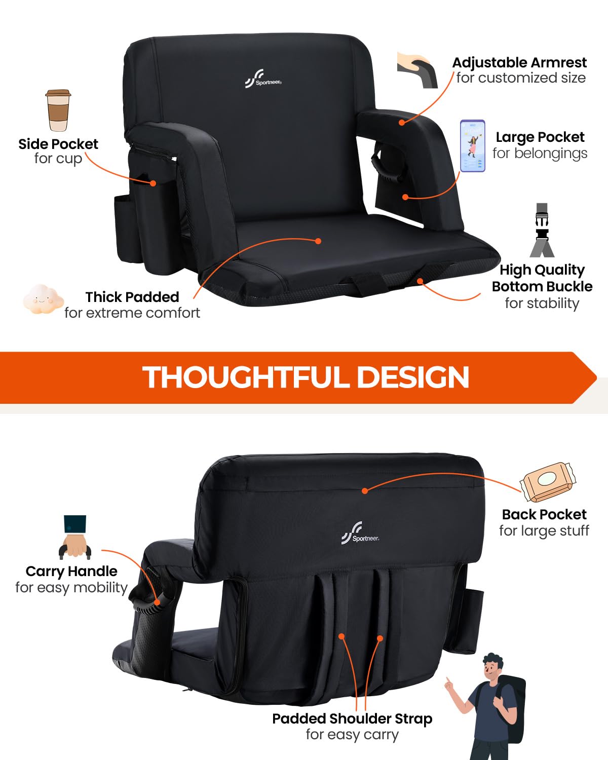 Stadium Seats with Back Support 2.5'' Thick Cushion 6 Adjustable Angle Bleacher Seat with Armrest W154