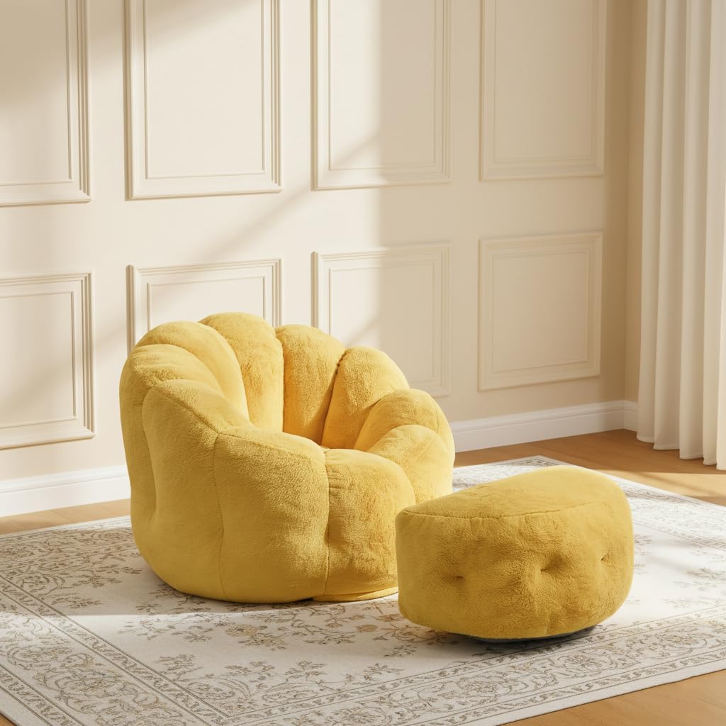 Yellow Faux Fur Bean Bag Chair with Ottoman Y69550