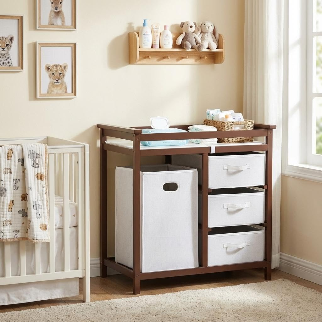 Modern Baby Changing Table with Laundry Hamper & 3 Drawers T943131