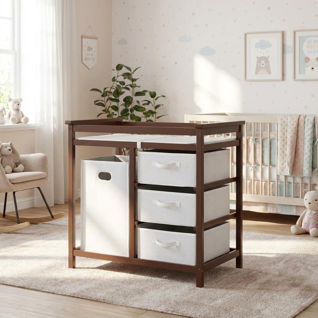 Modern Baby Changing Table with Laundry Hamper & 3 Drawers T943131