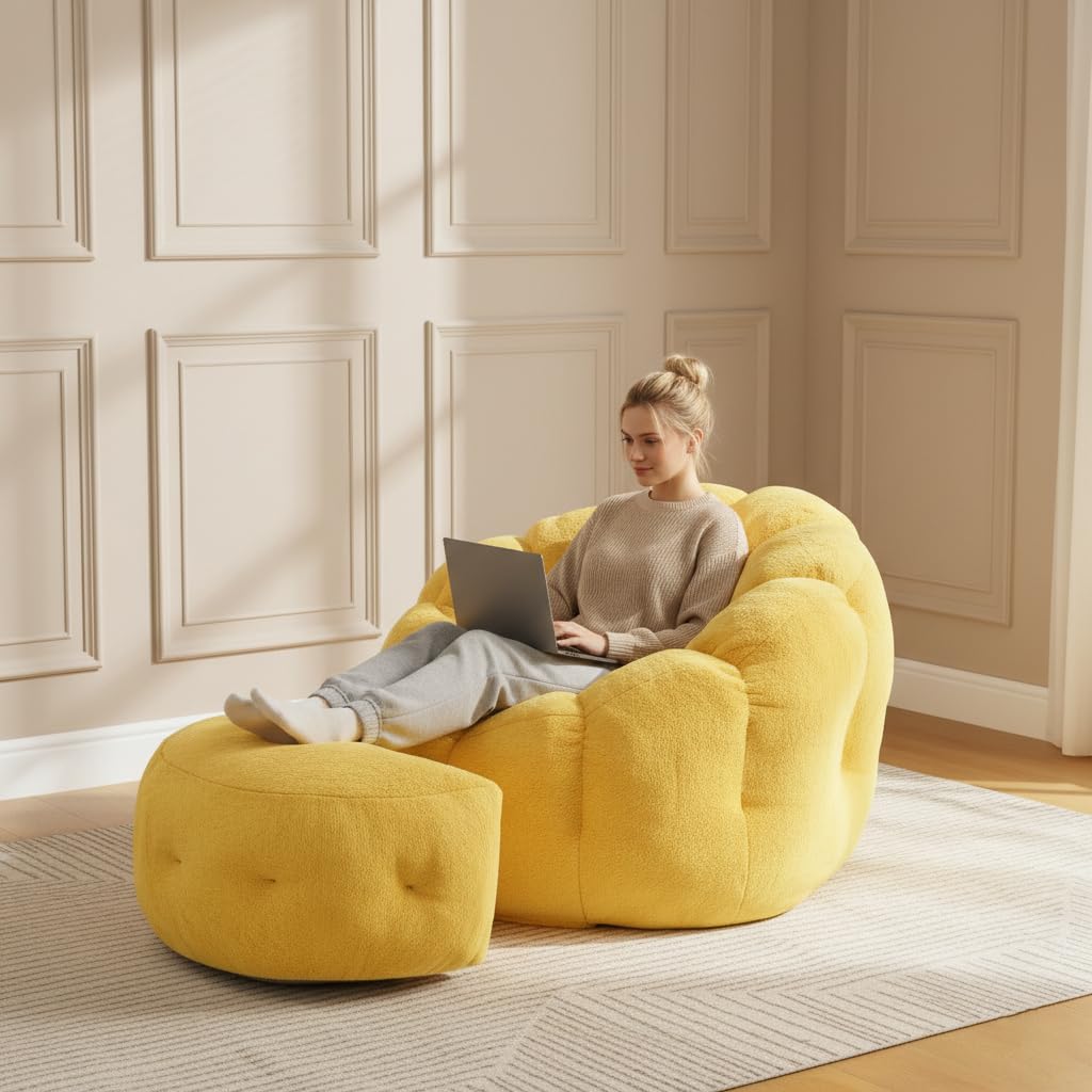 Yellow Faux Fur Bean Bag Chair with Ottoman Y69550