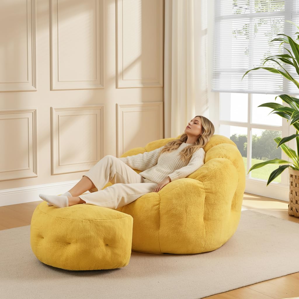 Yellow Faux Fur Bean Bag Chair with Ottoman Y69550