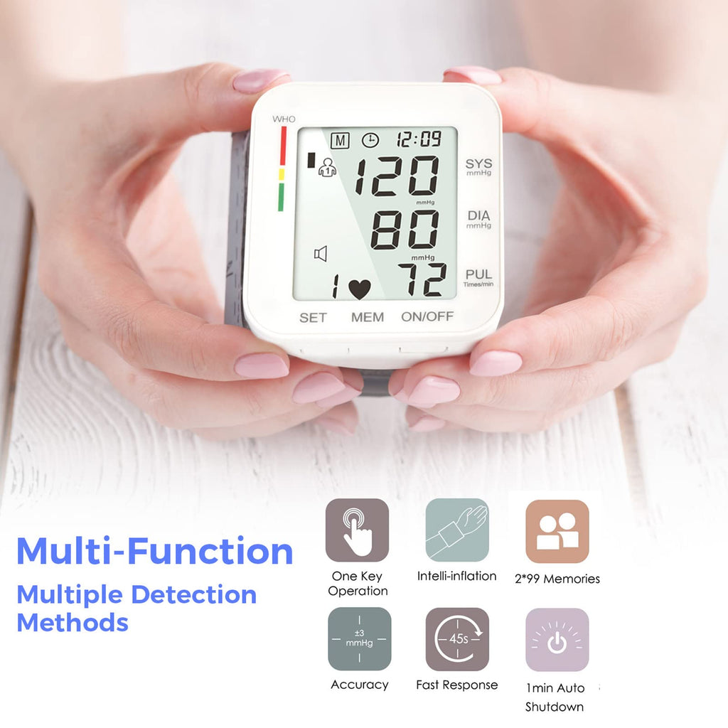 Wrist Blood Pressure Monitor Large LCD Display Adjustable Cuff 99x2 Sets Memory with Carrying Case White Pack of 5 K87007