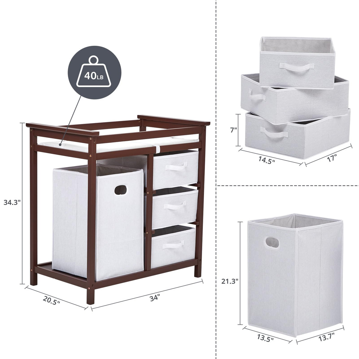 Modern Baby Changing Table with Laundry Hamper & 3 Drawers T943131