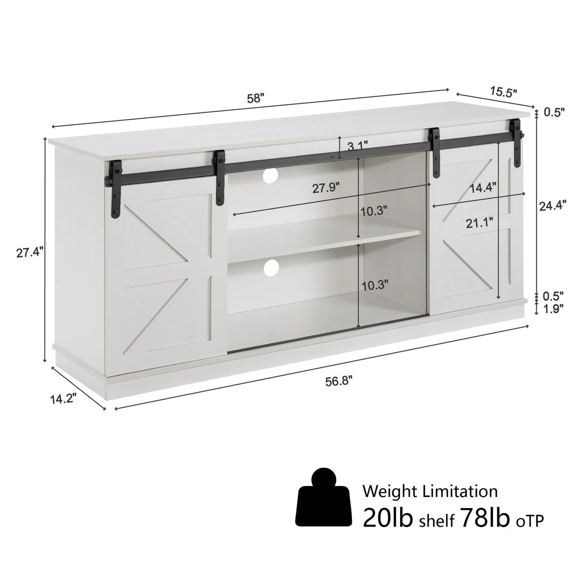 White TV Stand with Sliding Barn Doors J516