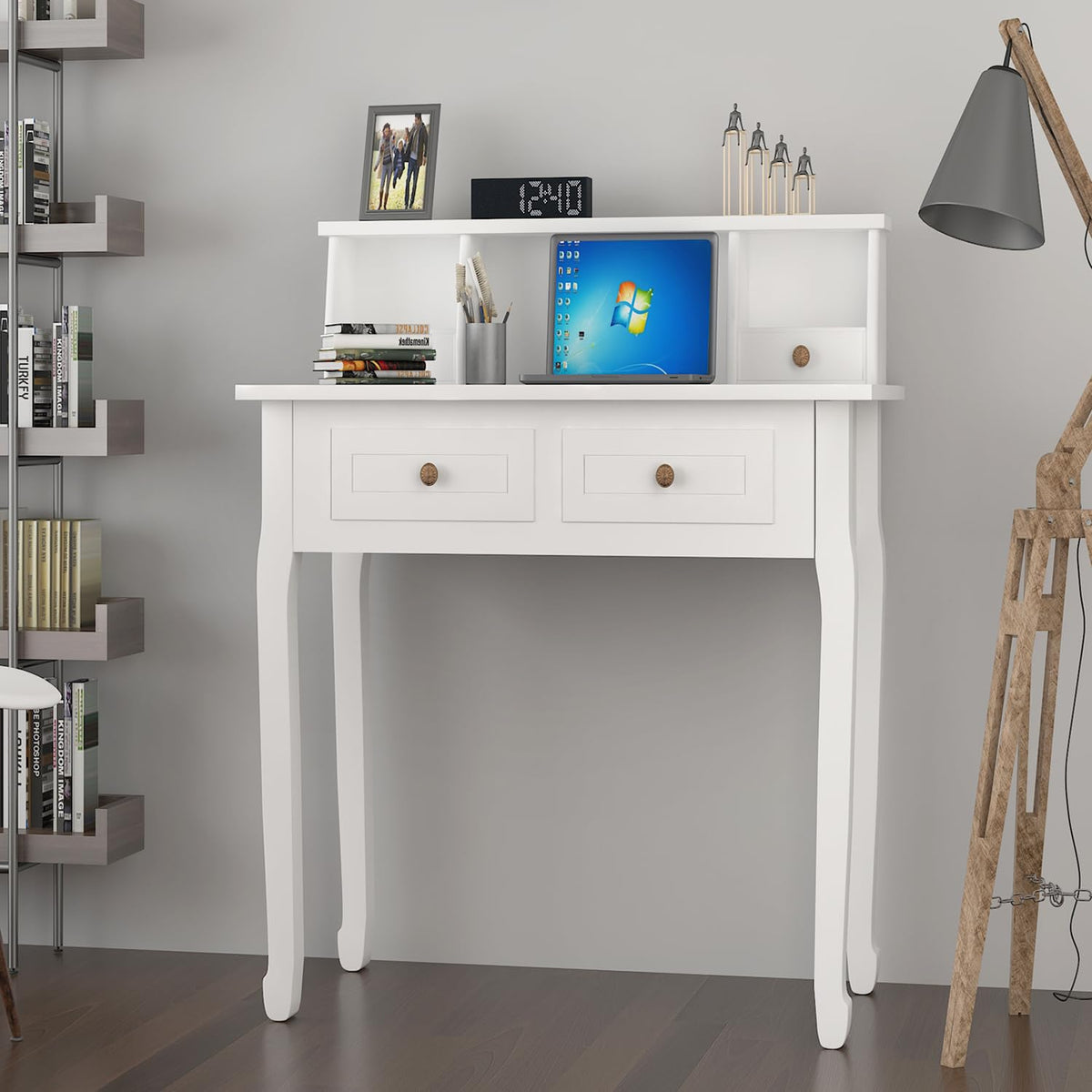 White Writing Desk with Hutch W31830