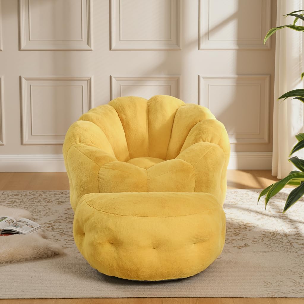 Yellow Faux Fur Bean Bag Chair with Ottoman Y69550