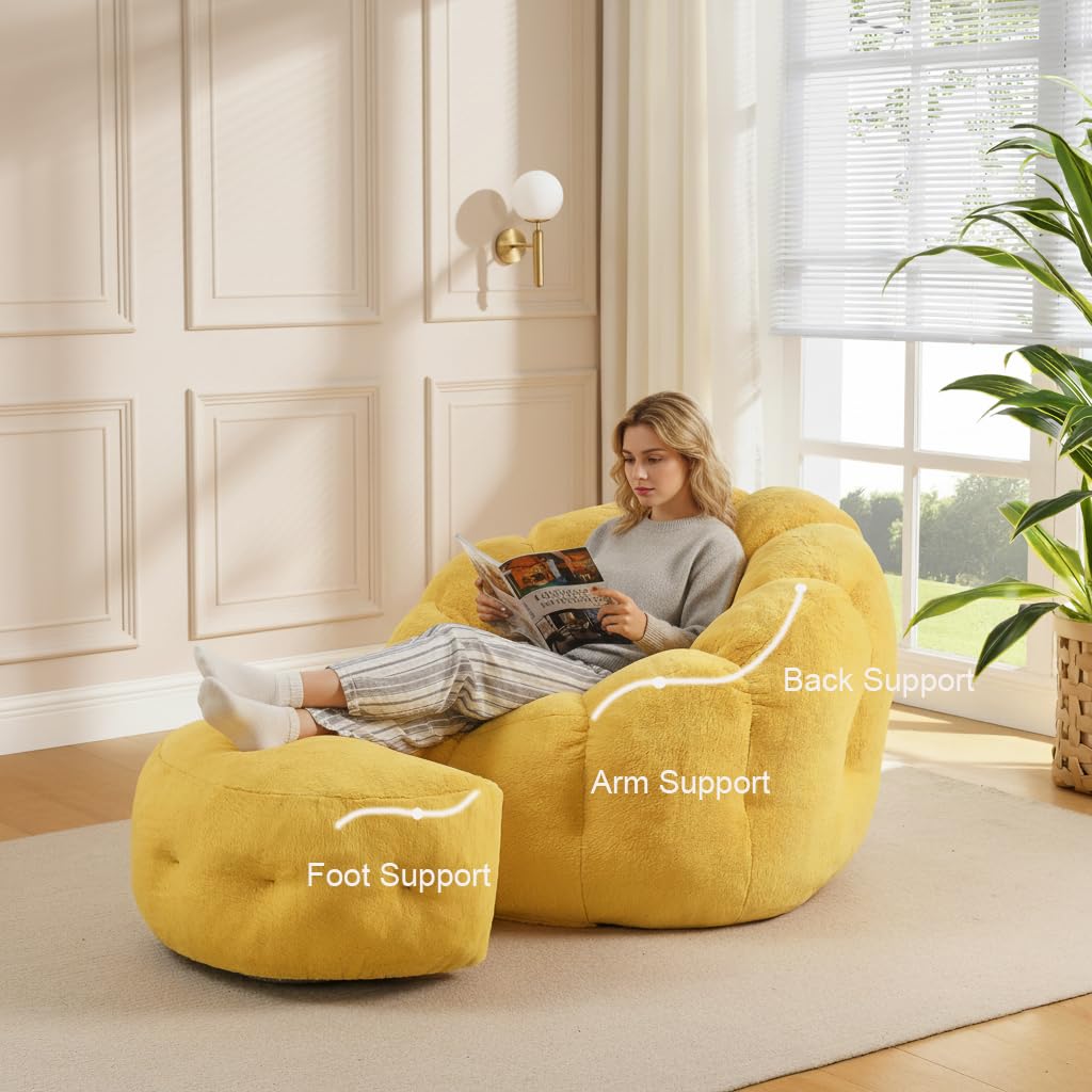 Yellow Faux Fur Bean Bag Chair with Ottoman Y69550