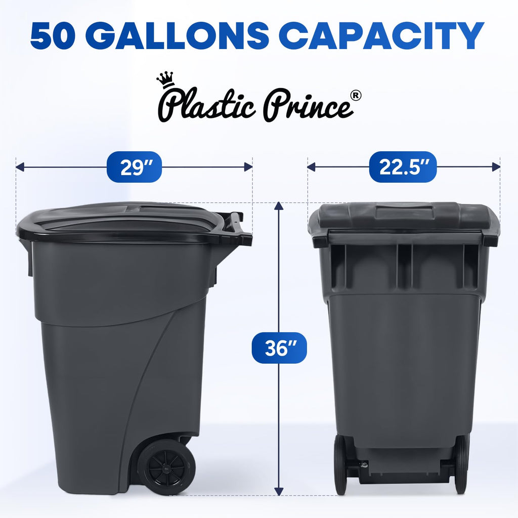 50 Gallon Gray Outdoor Trash Can with Lid and Wheels Q282