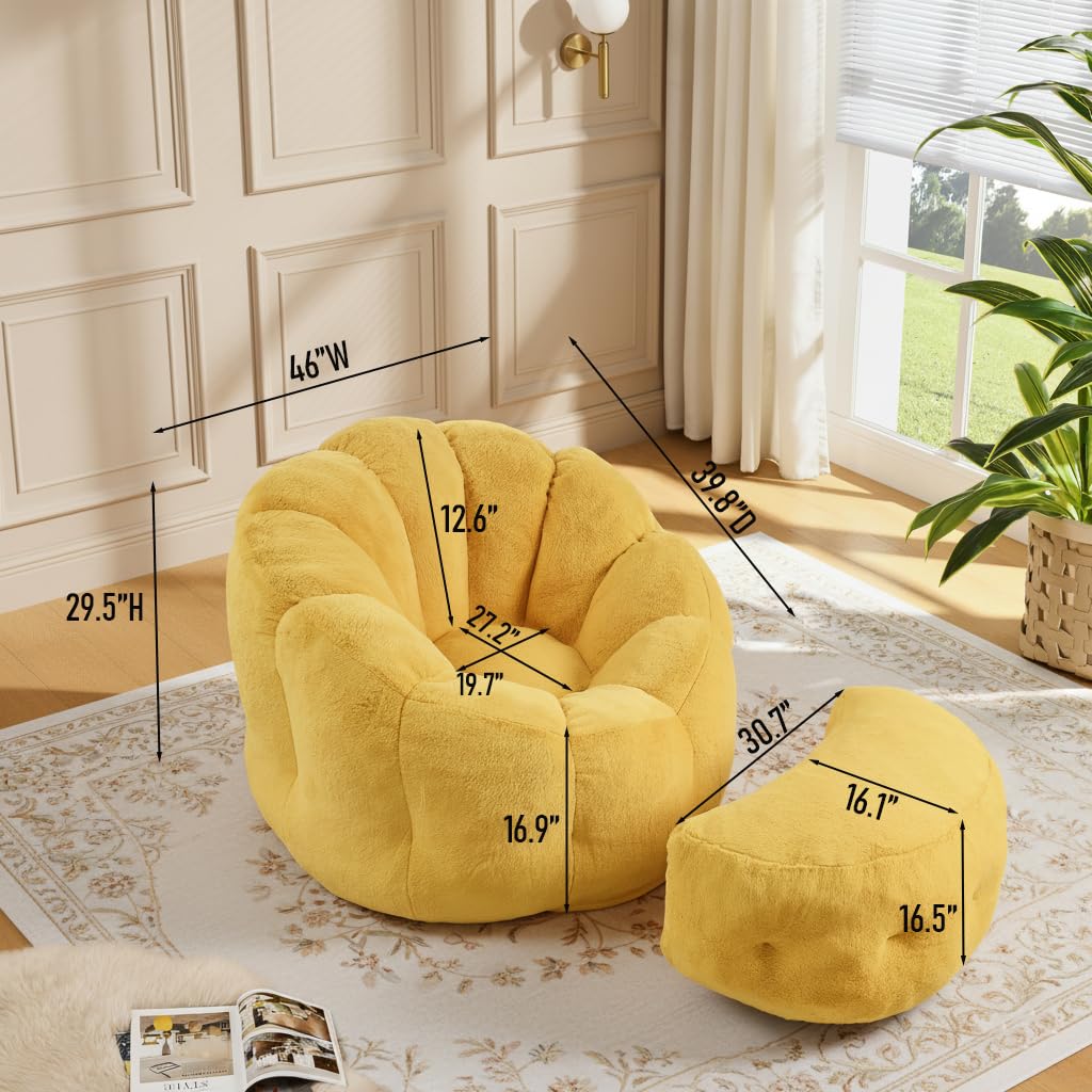Yellow Faux Fur Bean Bag Chair with Ottoman Y69550