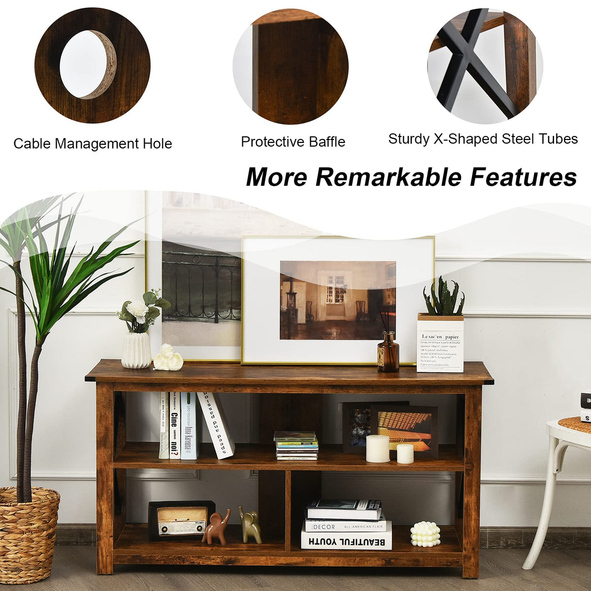Brown 3 Tier Wood TV Stand with Open Shelves E414