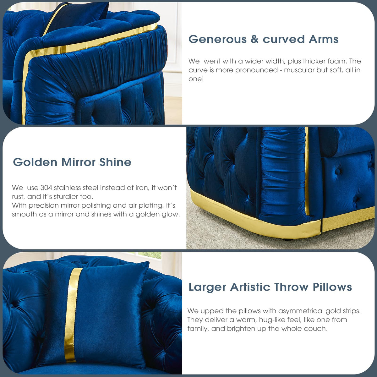 Blue and Gold Velvet Button Tufted Loveseat Sofa T813