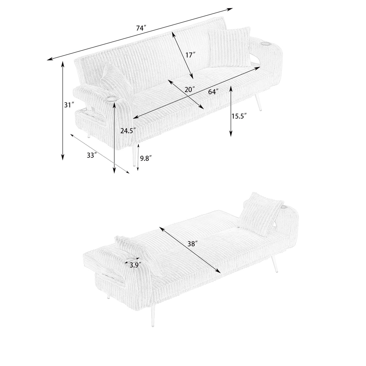 74" Pink Corduroy Convertible Sofa Bed with Cup Holder W596822