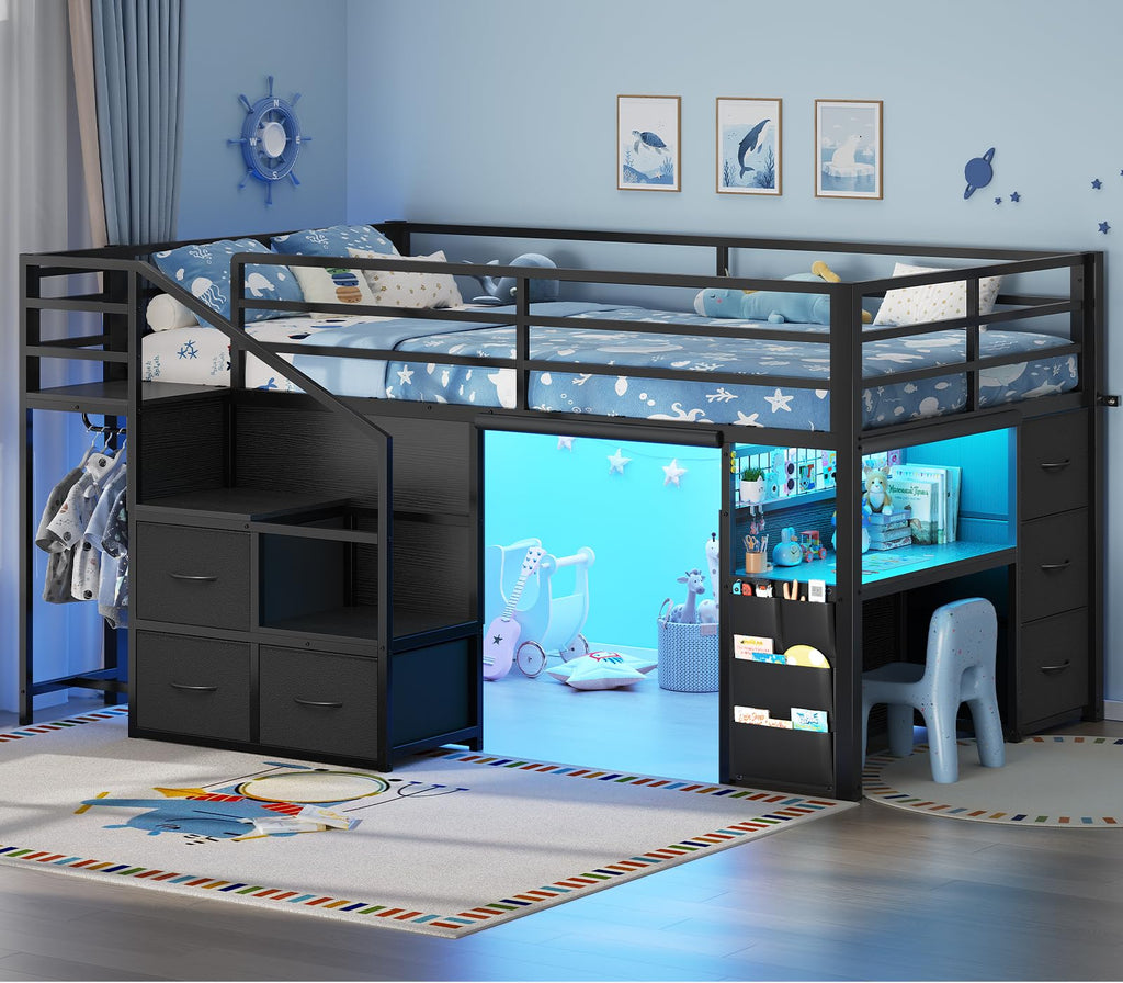 Twin Low Loft Bed with Stairs, Desk, 6 Storage Drawers, Black G724
