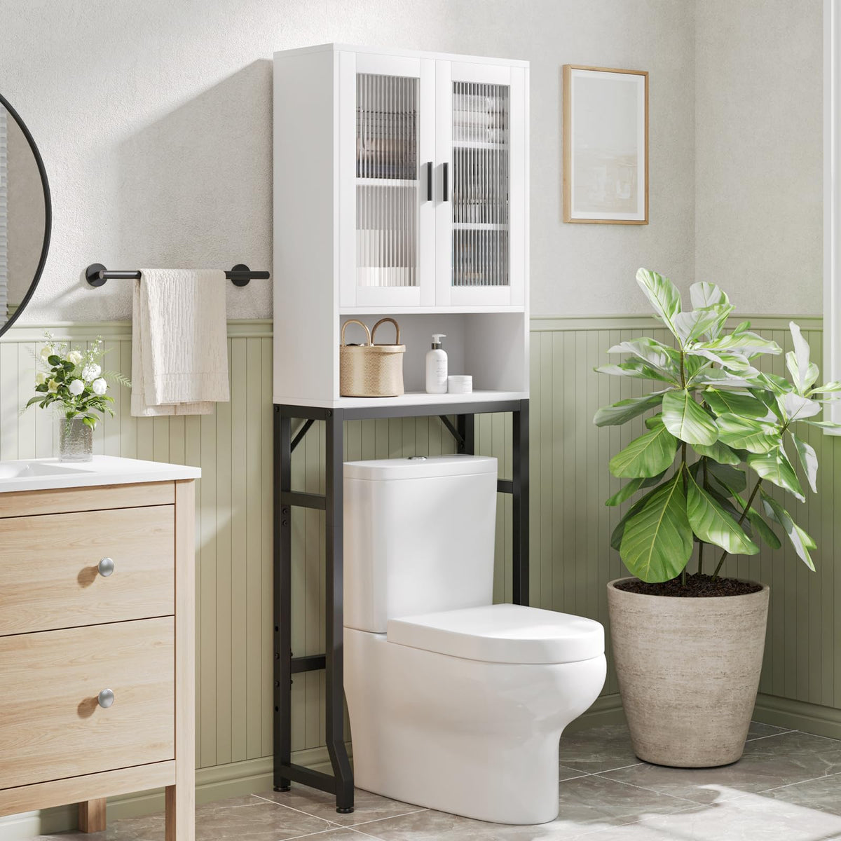 White Over The Toilet Storage Cabinet with Glass Doors V429276