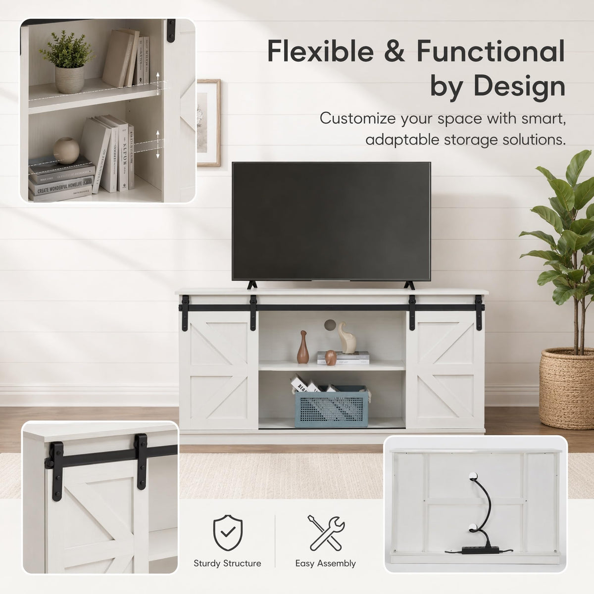 White TV Stand with Sliding Barn Doors J516