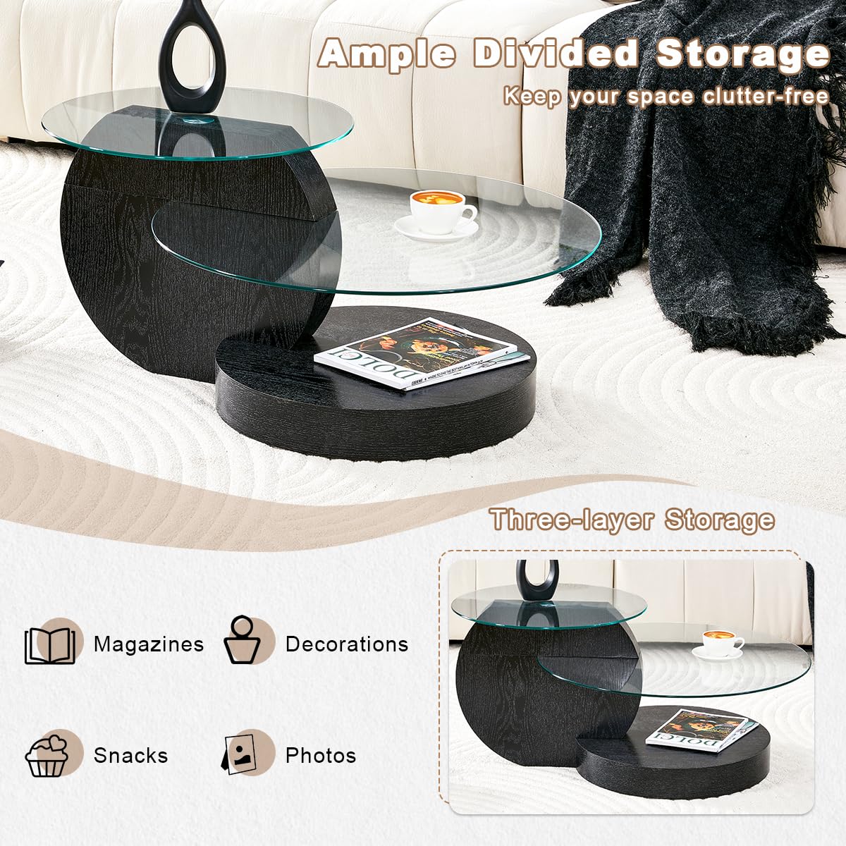 35" Round Glass Coffee Table with Storage Y870701