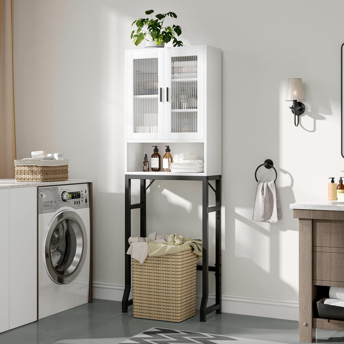 White Over The Toilet Storage Cabinet with Glass Doors V429276