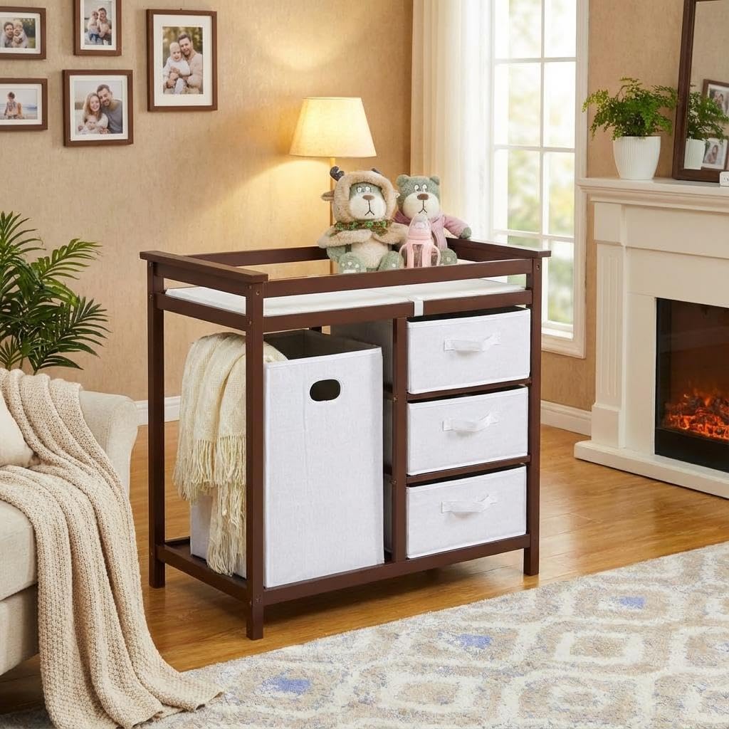 Modern Baby Changing Table with Laundry Hamper & 3 Drawers T943131