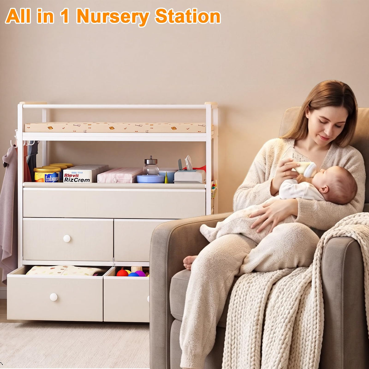 Baby Diaper Changing Table Dresser with Safety Bumper and 4 Drawer J198