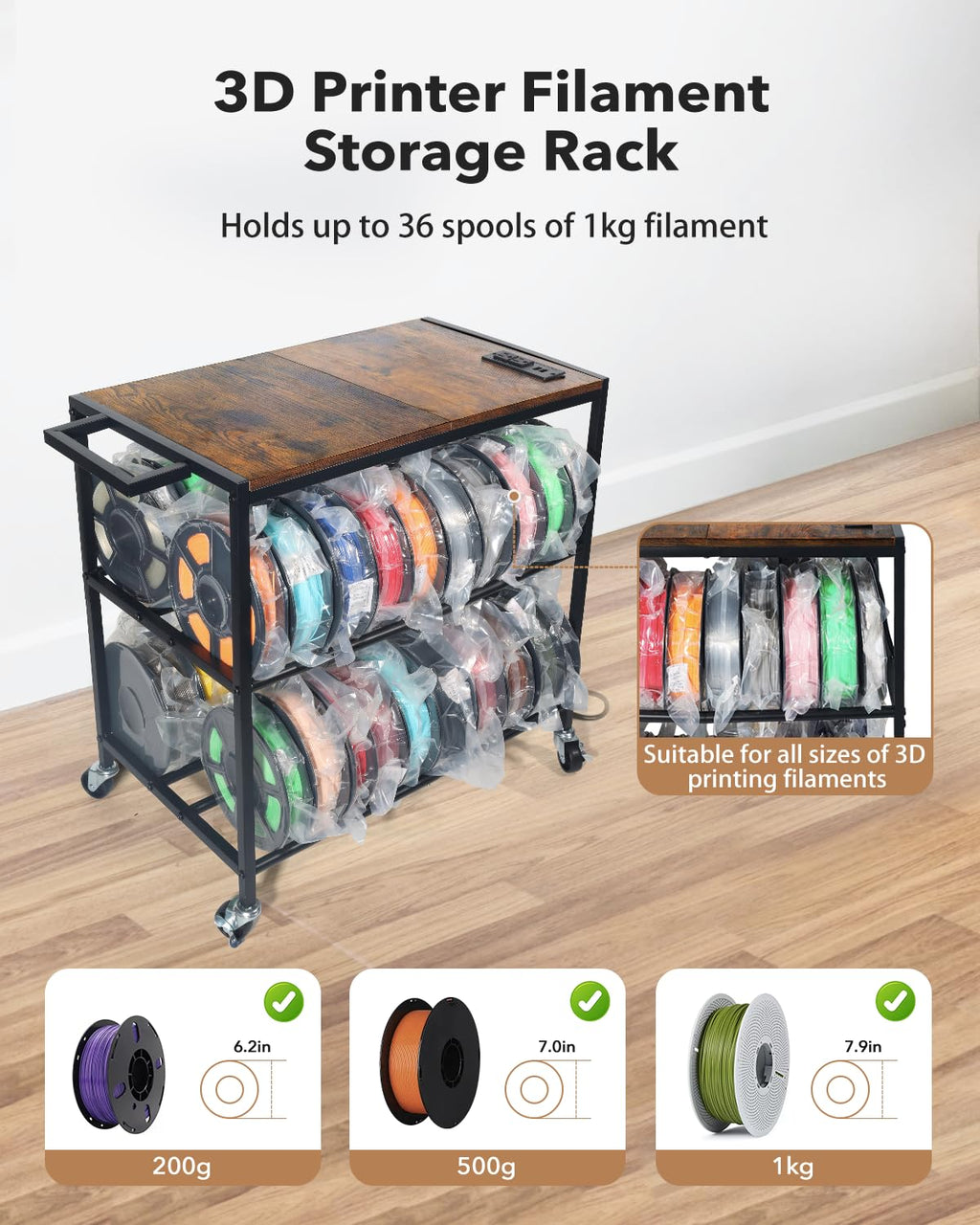 Heavy Duty Rolling 3D Printer Stand with Filament Storage I2848