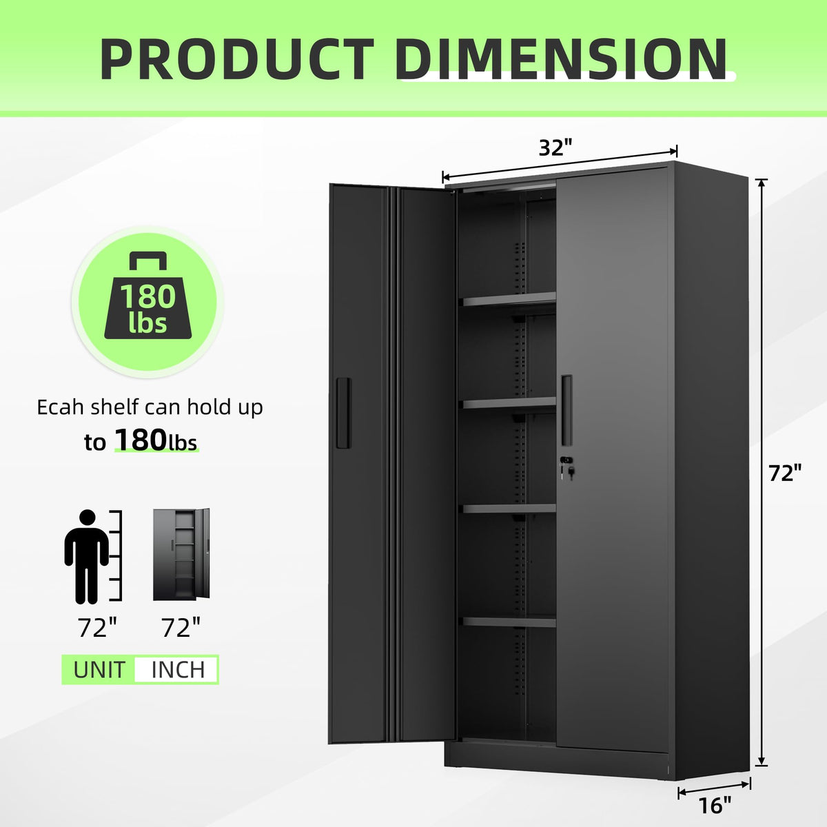Black 72" Locking Steel Storage Cabinet with 4 Adjustable Shelves W720983