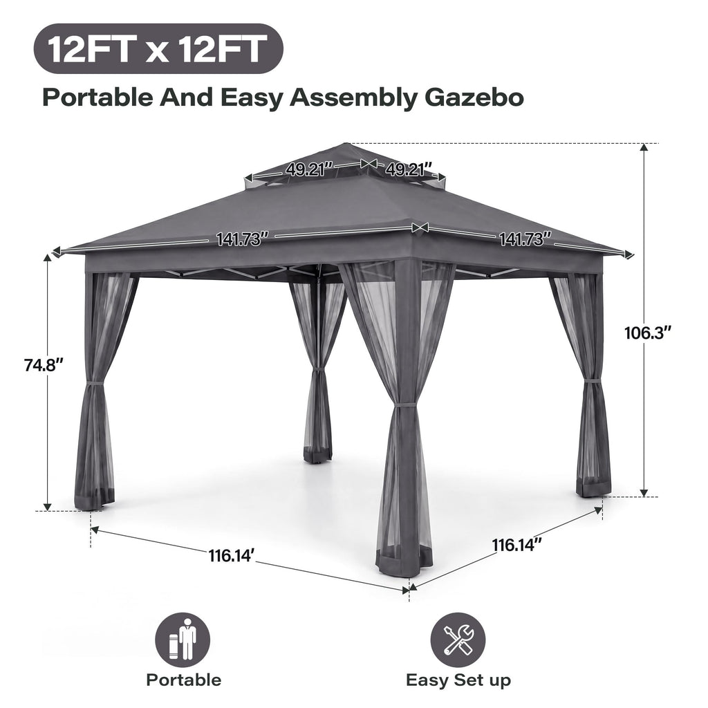 12x12 Pop Up Gazebo with Mosquito Netting and Sidewalls Grey X884305