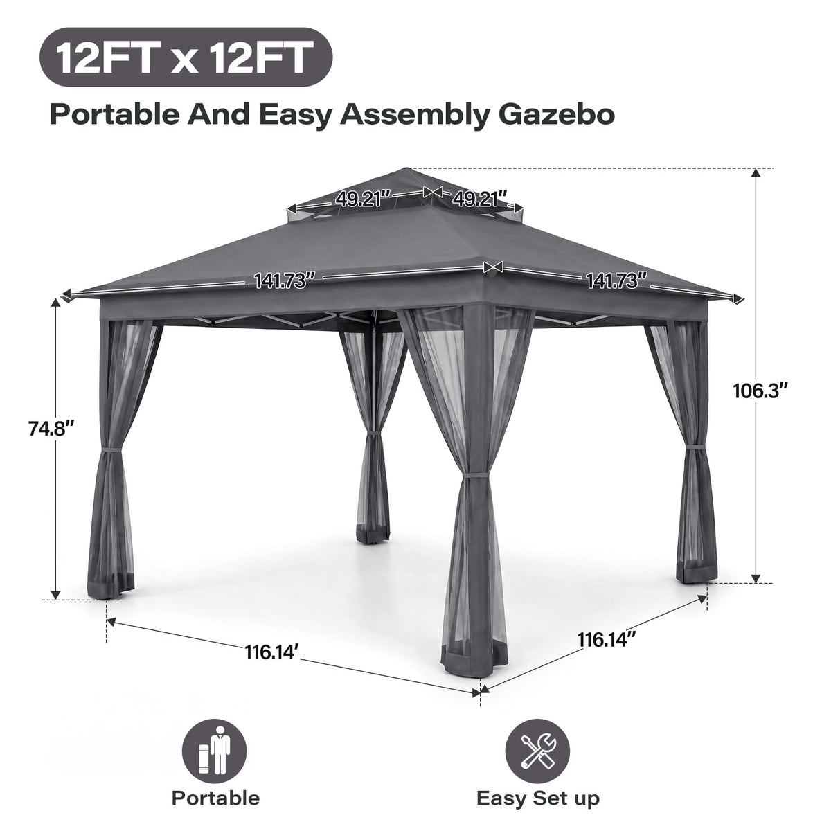 12x12 Pop Up Gazebo with Mosquito Netting and Sidewalls Grey X884305