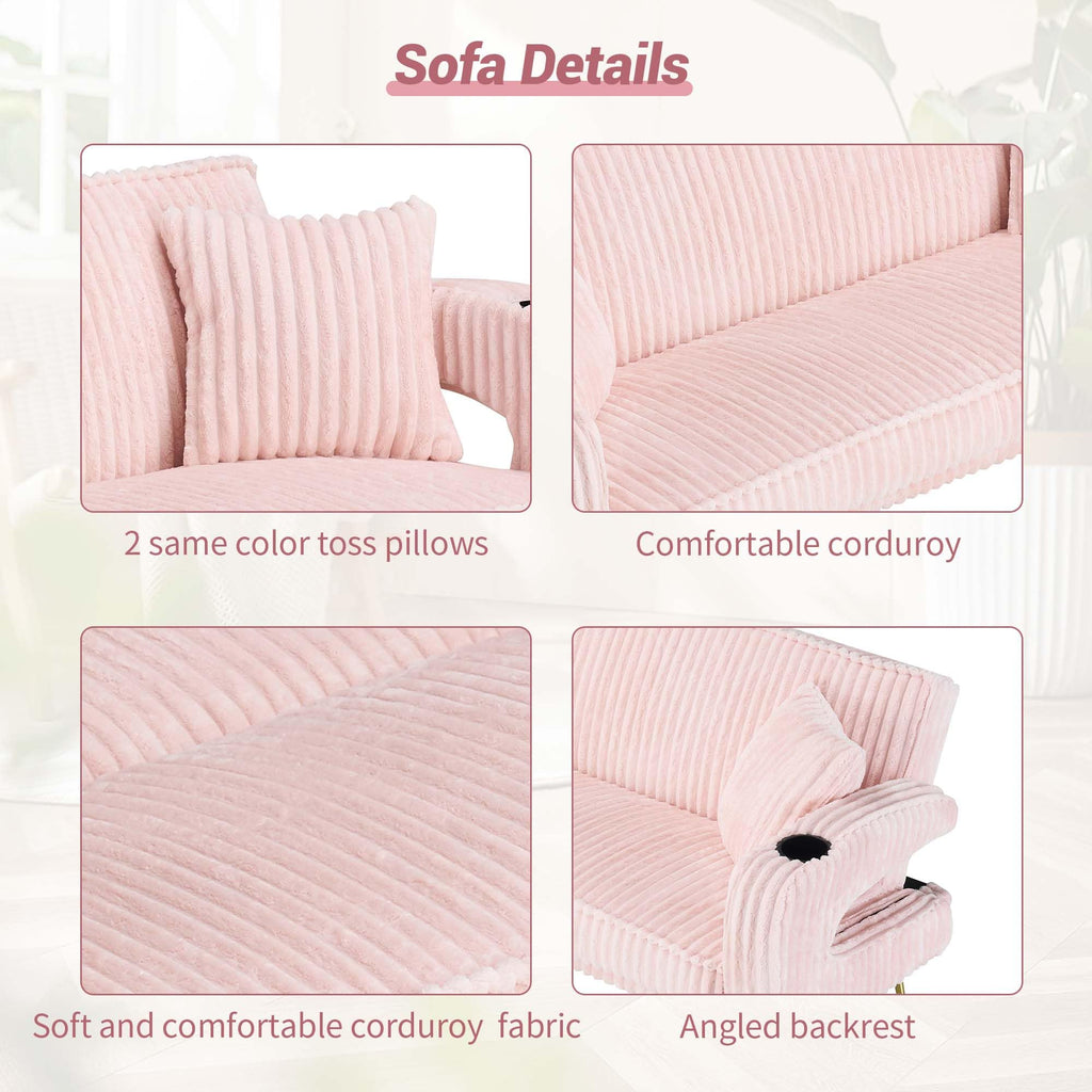 74" Pink Corduroy Convertible Sofa Bed with Cup Holder W596822
