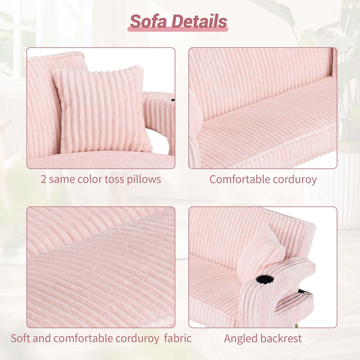 74" Pink Corduroy Convertible Sofa Bed with Cup Holder W596822