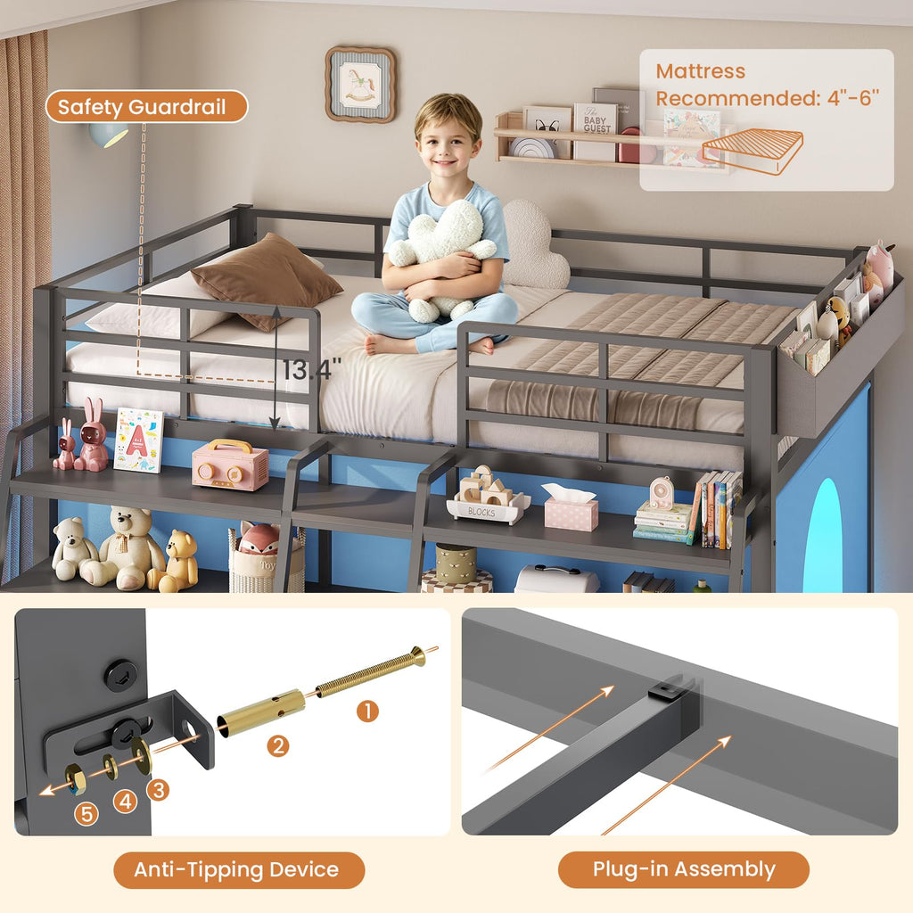 Twin Size Grey Low Loft Bed with 5 Drawers Z315