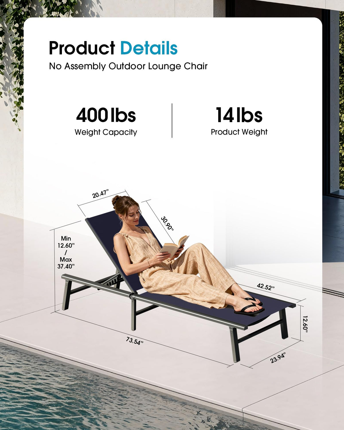 Foldable Aluminum Outdoor Lounge Chair Set of 2 Navy Blue M234247