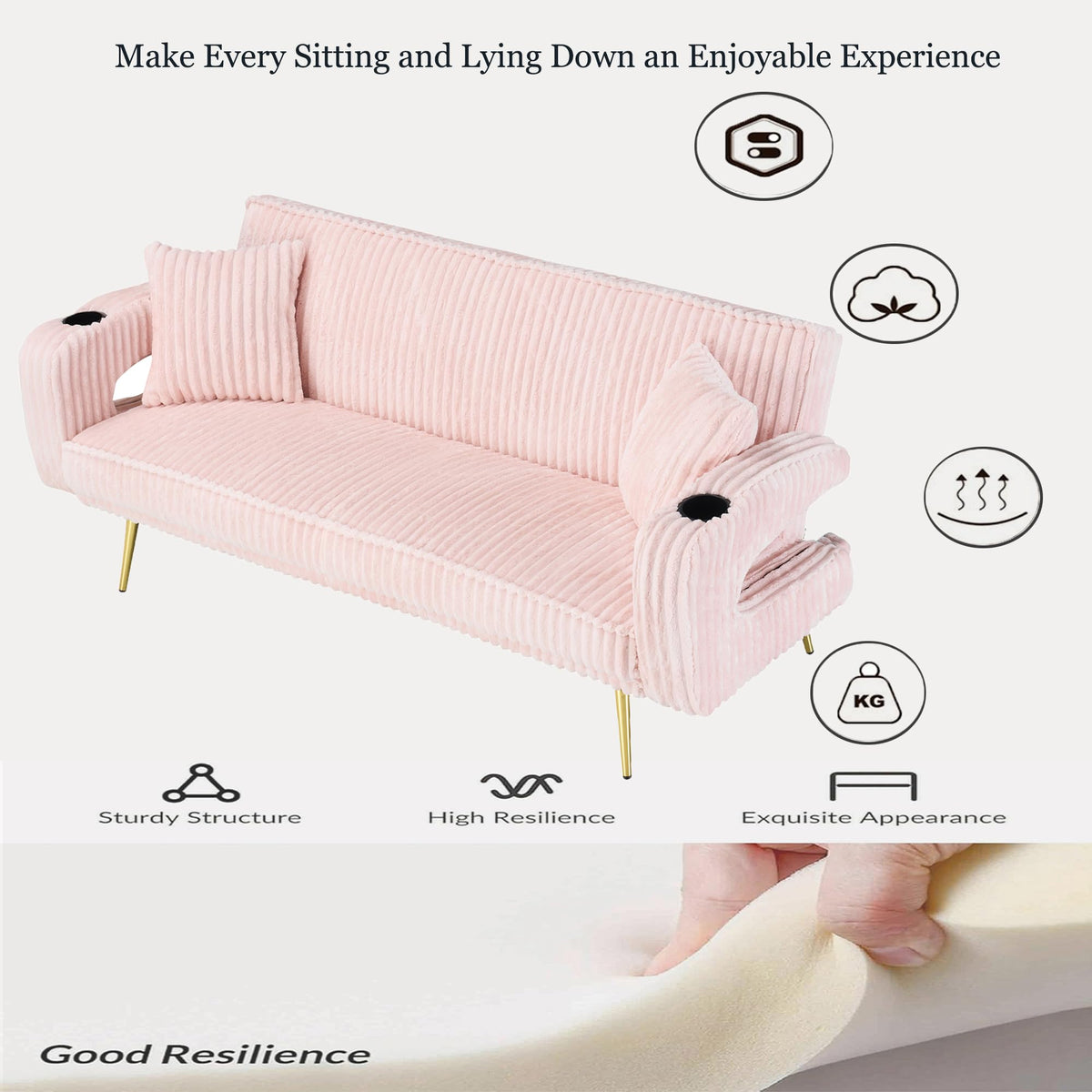 74" Pink Corduroy Convertible Sofa Bed with Cup Holder W596822