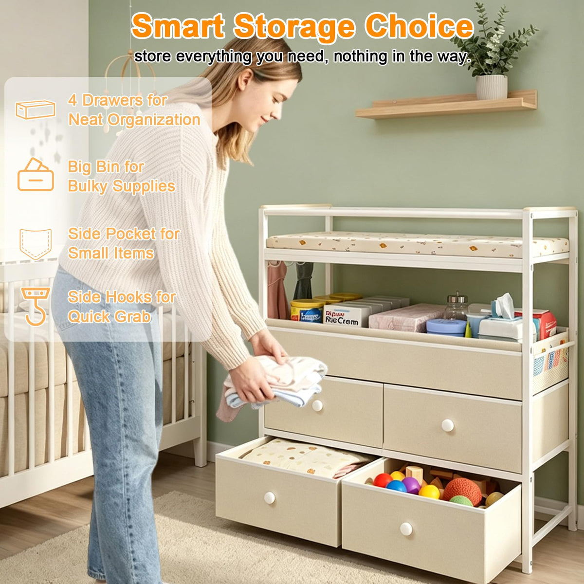 Baby Diaper Changing Table Dresser with Safety Bumper and 4 Drawer J198