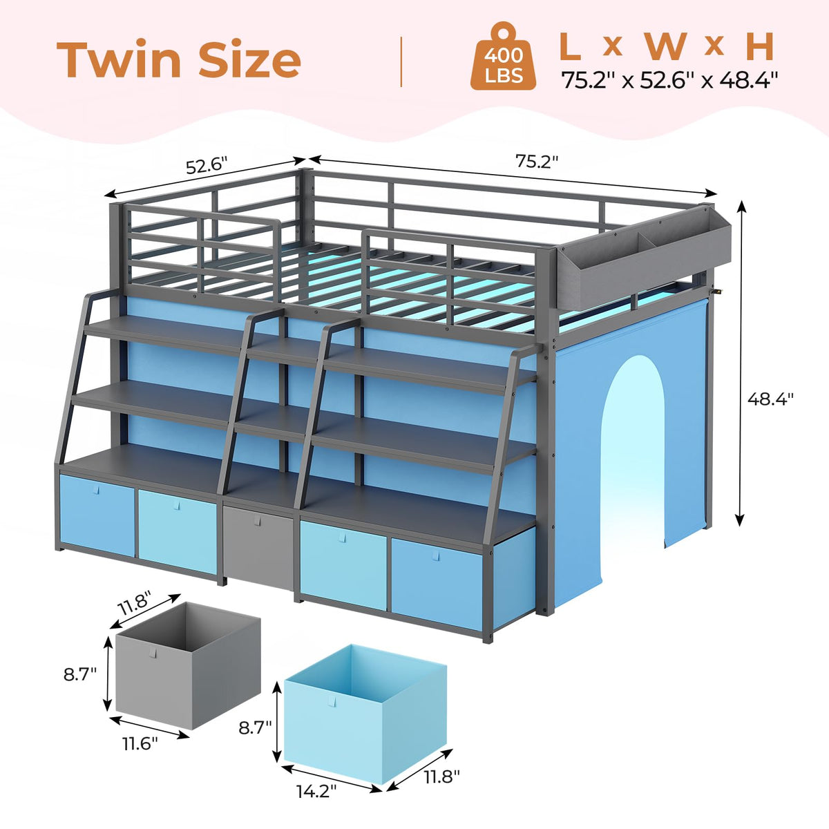 Twin Size Grey Low Loft Bed with 5 Drawers Z315