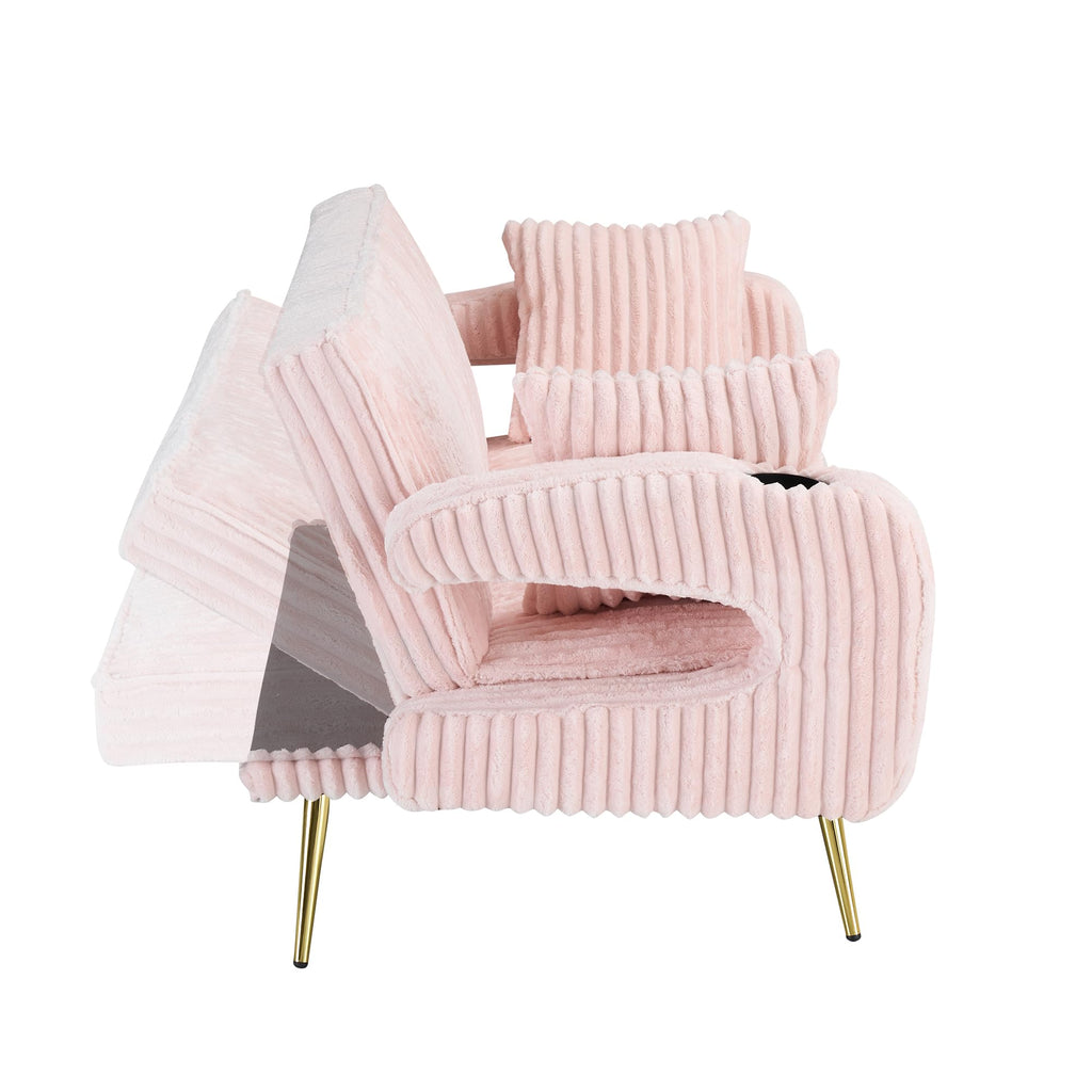 74" Pink Corduroy Convertible Sofa Bed with Cup Holder W596822