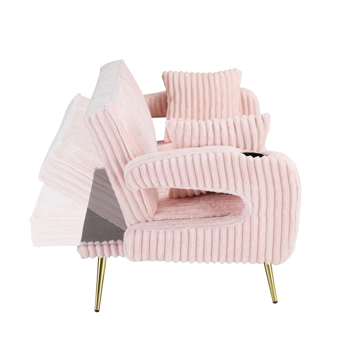 74" Pink Corduroy Convertible Sofa Bed with Cup Holder W596822
