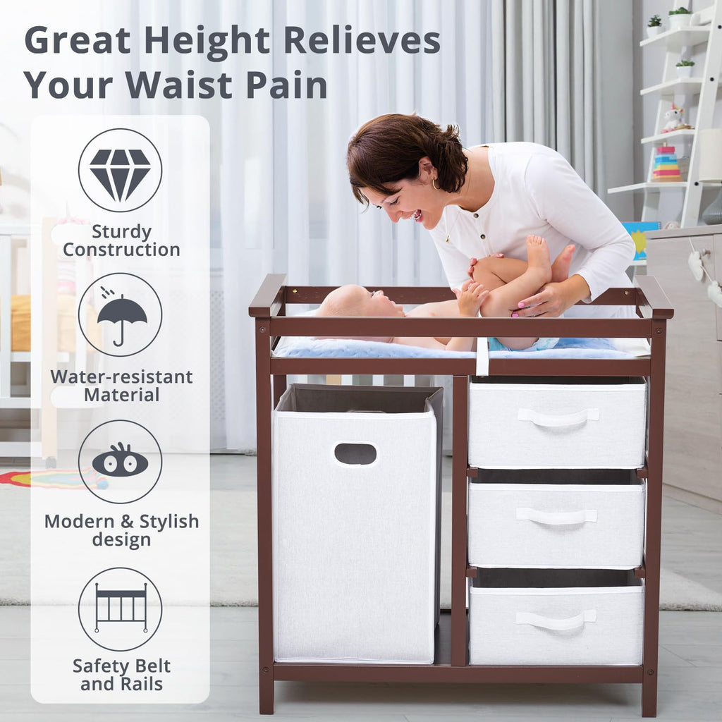 Modern Baby Changing Table with Laundry Hamper & 3 Drawers T943131