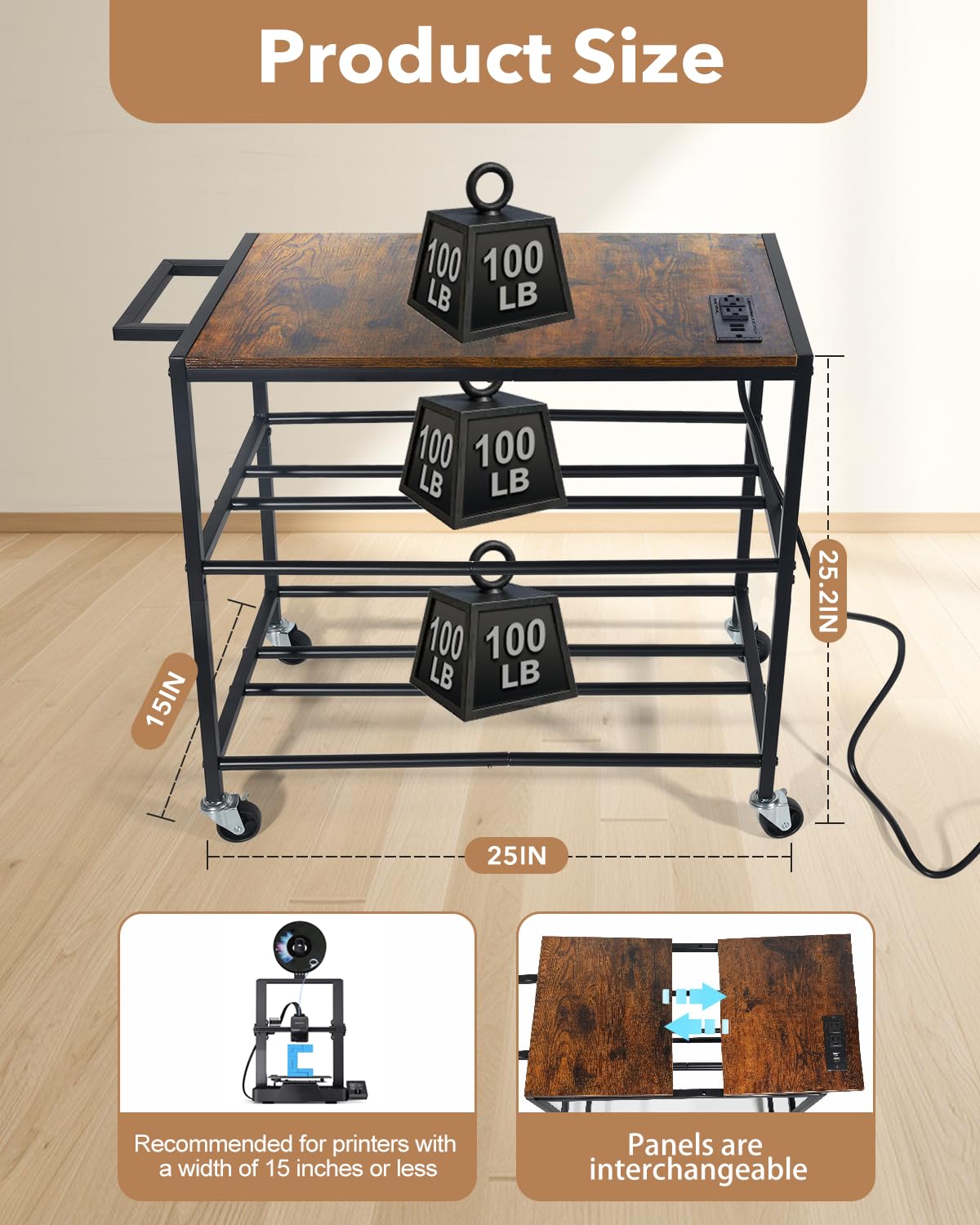 Heavy Duty Rolling 3D Printer Stand with Filament Storage I2848