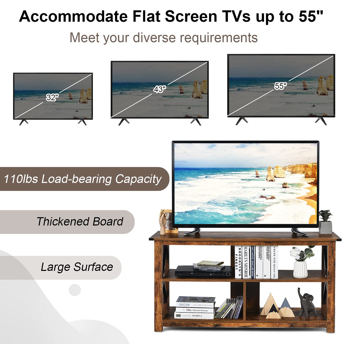 Brown 3 Tier Wood TV Stand with Open Shelves E414