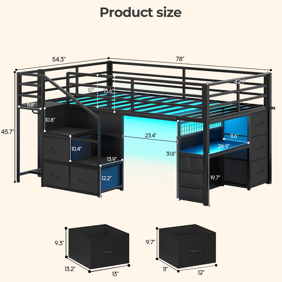 Twin Low Loft Bed with Stairs, Desk, 6 Storage Drawers, Black G724