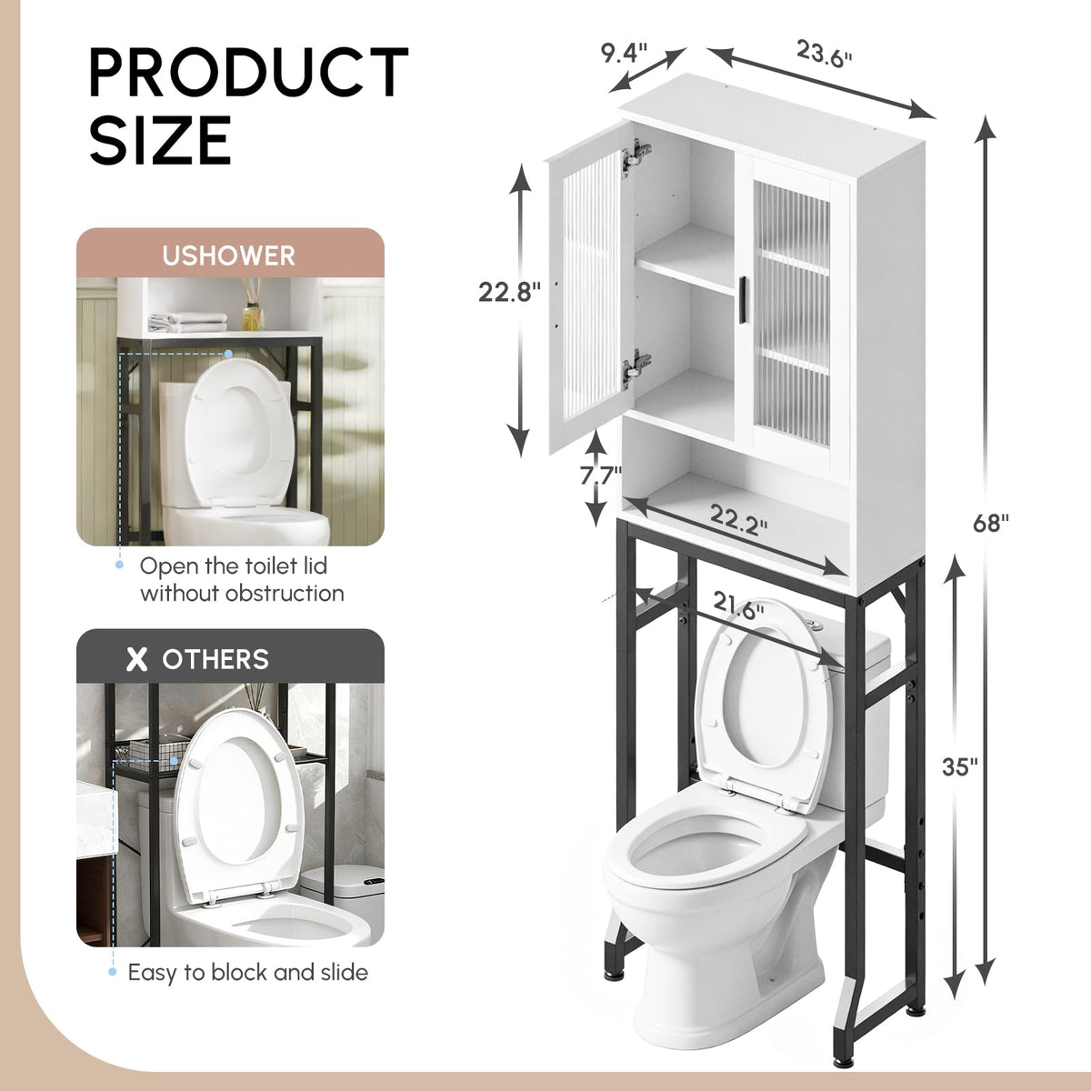 White Over The Toilet Storage Cabinet with Glass Doors V429276