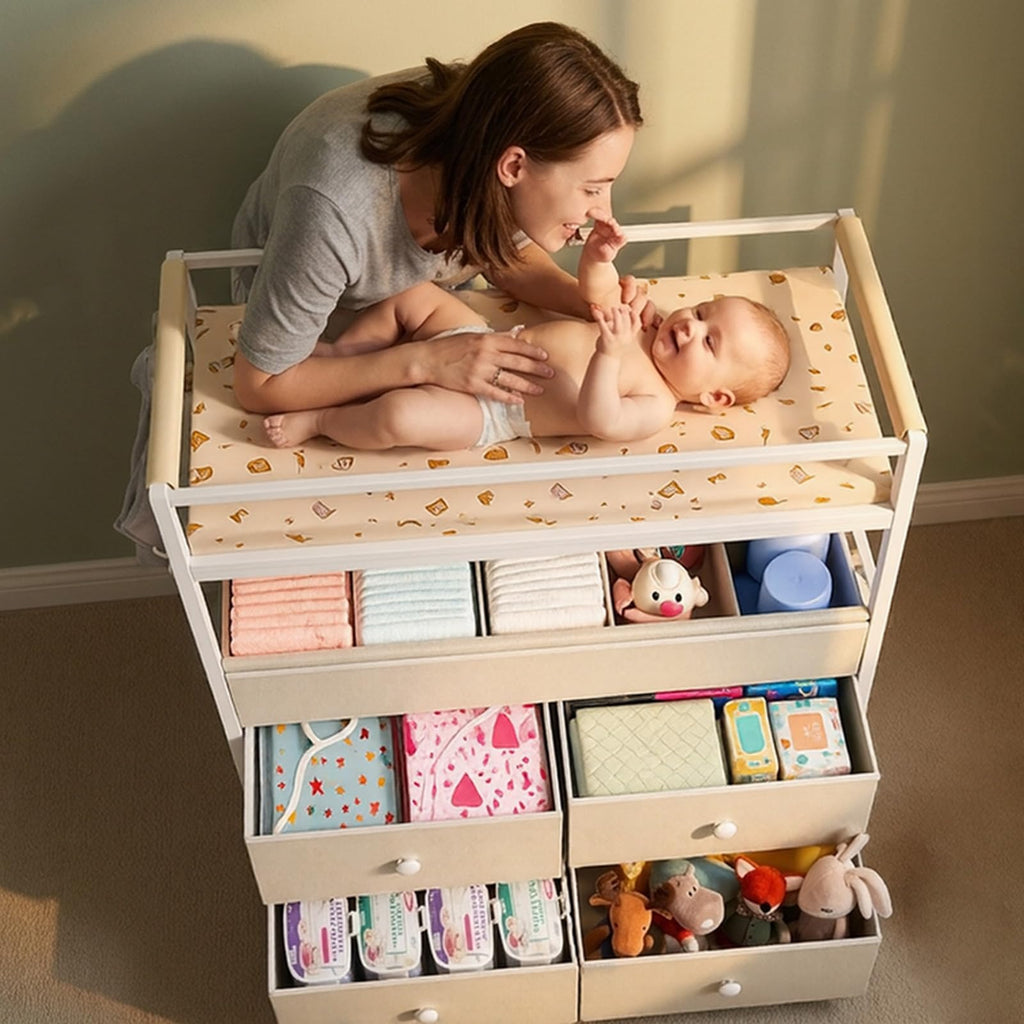 Baby Diaper Changing Table Dresser with Safety Bumper and 4 Drawer J198