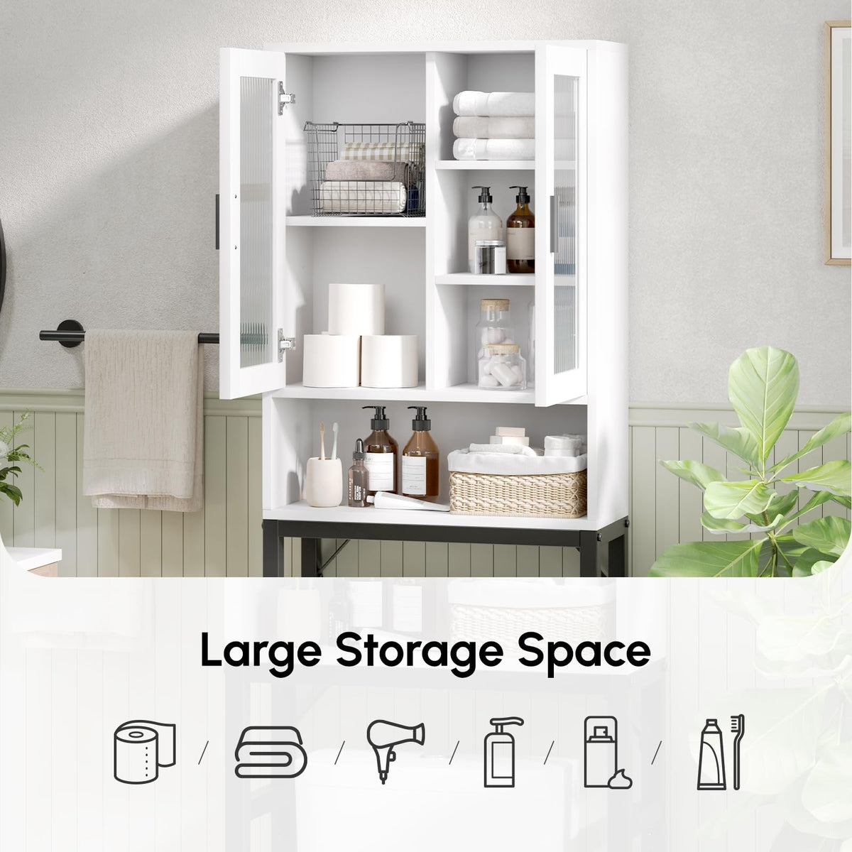 White Over The Toilet Storage Cabinet with Glass Doors V429276