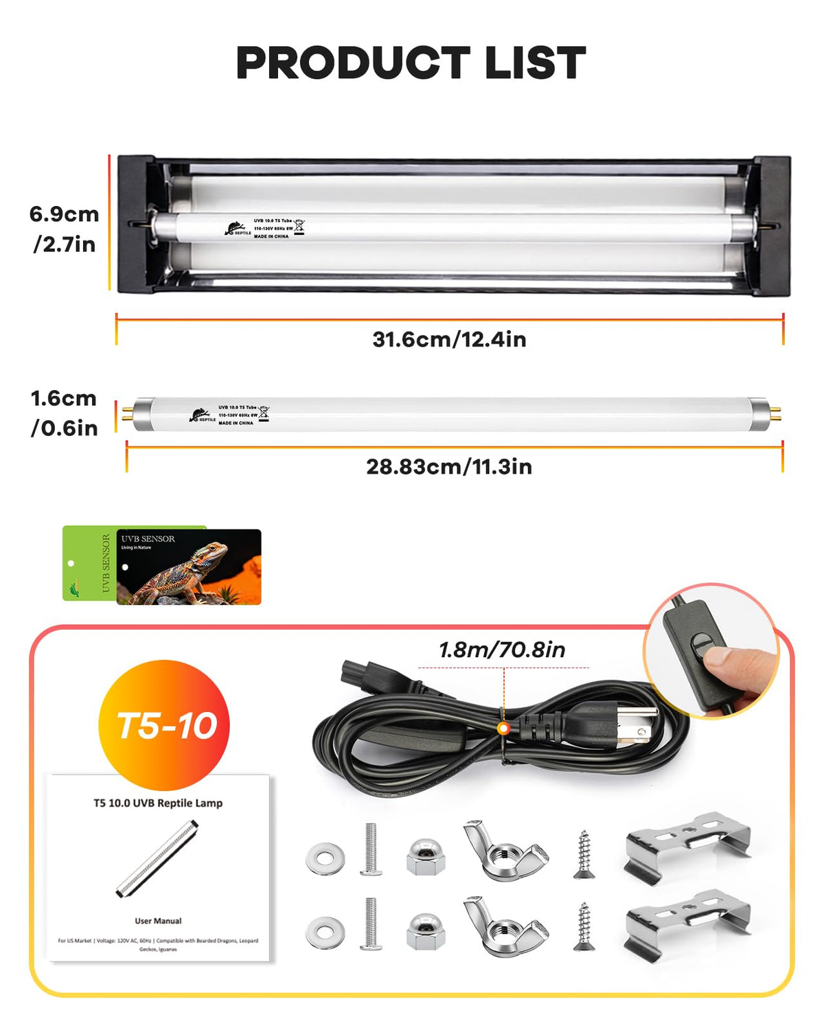 8W T5 UVB Reptile Light Fixture Combo Kit U1436
