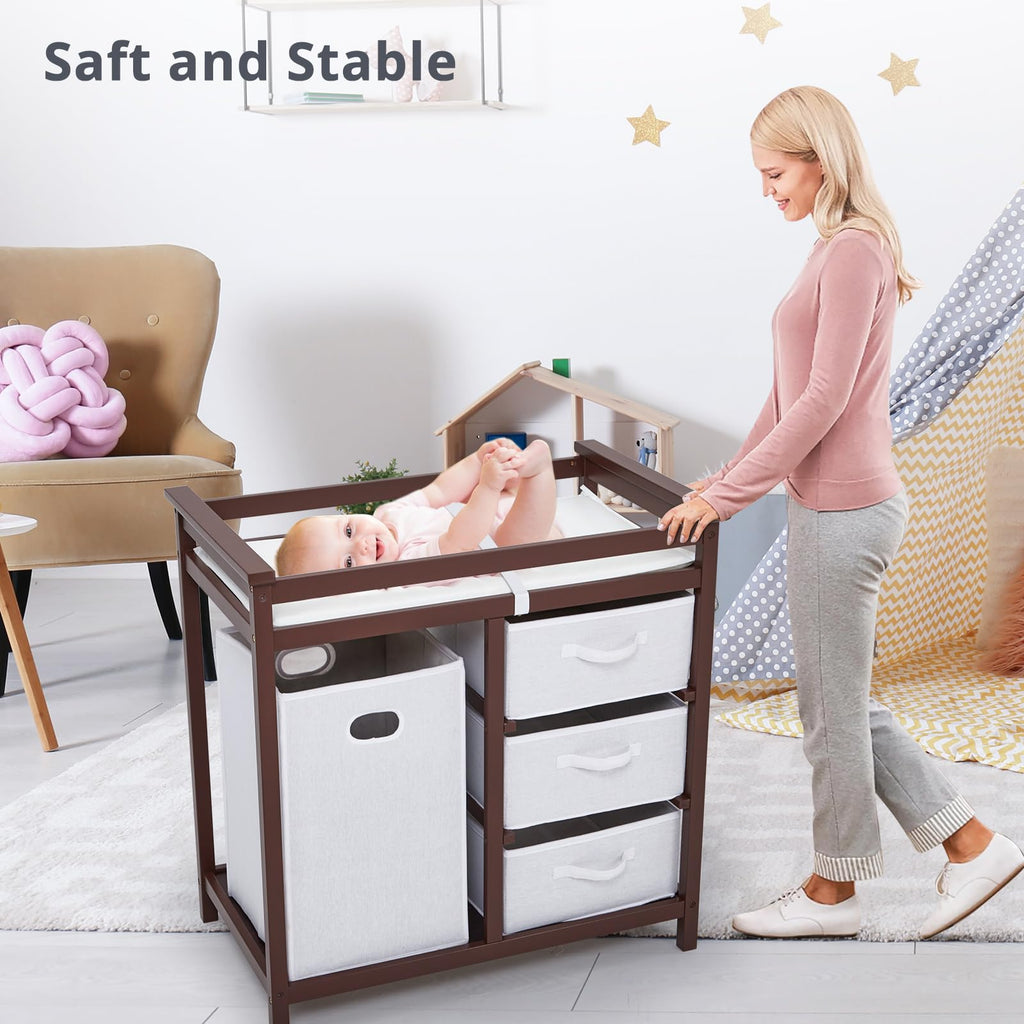 Modern Baby Changing Table with Laundry Hamper & 3 Drawers T943131