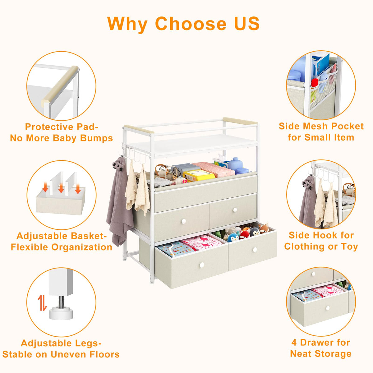 Baby Diaper Changing Table Dresser with Safety Bumper and 4 Drawer J198
