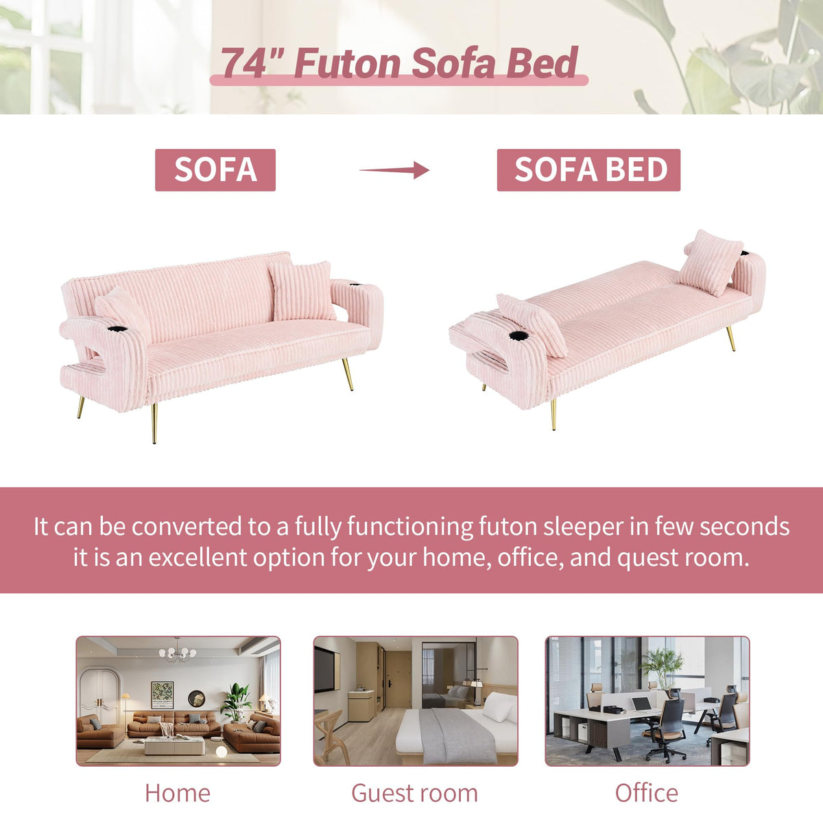 74" Pink Corduroy Convertible Sofa Bed with Cup Holder W596822
